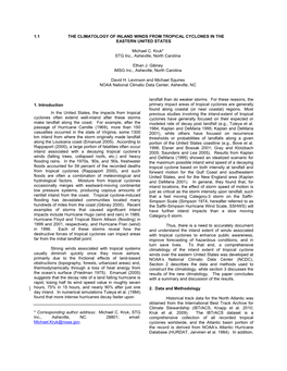 1.1 the Climatology of Inland Winds from Tropical Cyclones in the Eastern United States