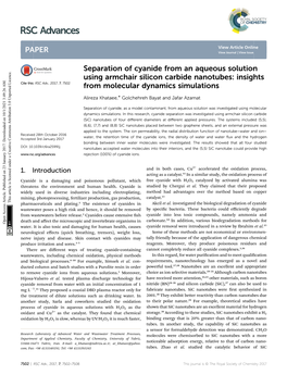 Separation of Cyanide from an Aqueous Solution Using Armchair Silicon Carbide Nanotubes: Insights Cite This: RSC Adv.,2017,7,7502 from Molecular Dynamics Simulations