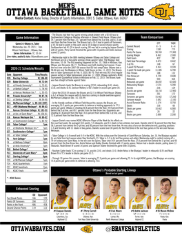 OTTAWA BASKETBALL GAME NOTES Media Contact: Katie Tooley, Director of Sports Information, 1001 S