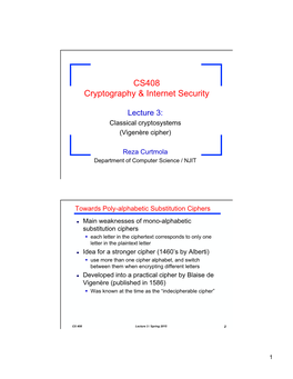 Lecture 3: Classical Cryptosystems (Vigenère Cipher)