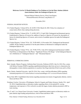 Reference List for 12-Month Finding on Two Petitions to List the Pinto Abalone (Haliotis Kamtschatkana) Under the Endangered Species Act