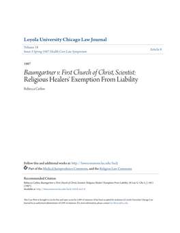 Baumgartner V. First Church of Christ, Scientist: Religious Healers' Exemption from Liability Rebecca Carlins