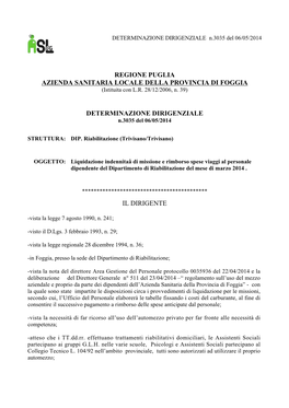 REGIONE PUGLIA AZIENDA SANITARIA LOCALE DELLA PROVINCIA DI FOGGIA (Istituita Con L.R