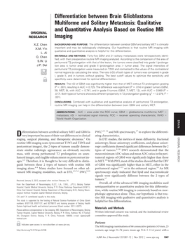 Differentiation Between Brain Glioblastoma Multiforme and Solitary Metastasis: Qualitative and Quantitative Analysis Based on Routine MR ORIGINAL RESEARCH Imaging