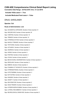 FDA CVM Comprehensive ADE Report Listing for Sarolaner