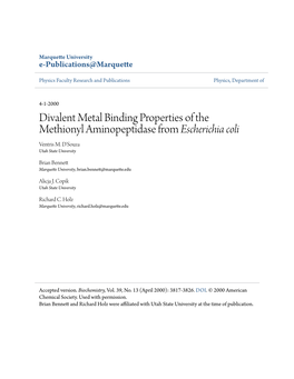 Divalent Metal Binding Properties of the Methionyl Aminopeptidase from Escherichia Coli Ventris M