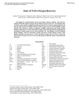 State of NASA Oxygen Recovery