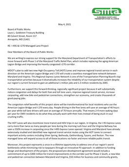 May 4, 2021 Board of Public Works Louis L. Goldstein Treasury Building 80 Calvert Street, Room 117 Annapolis, MD 21401 RE: I-495