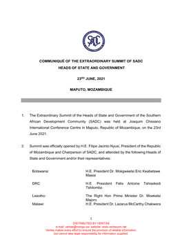 Communique of the Extraordinary SADC Summit of Heads