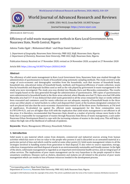 Efficiency of Solid Waste Management Methods in Karu Local Government Area, Nasarawa State, North Central, Nigeria