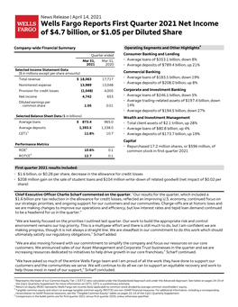 Wells Fargo Reports First Quarter 2021 Net Income of $4.7 Billion, Or $1.05 Per Diluted Share