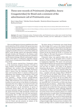 Three New Records of Pristimantis (Amphibia: Anura: Craugastoridae) for Brazil and a Comment of the Advertisement Call of Pristimantis Orcus