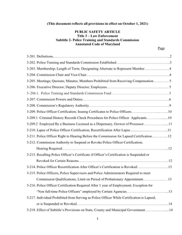 PUBLIC SAFETY ARTICLE Title 3 – Law Enforcement Subtitle 2- Police Training and Standards Commission Annotated Code of Maryland Page