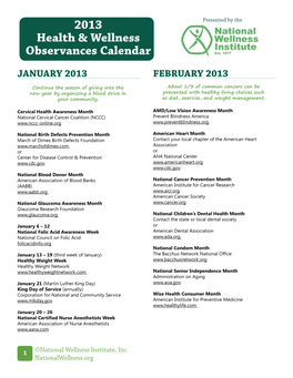 2013 Health & Wellness Observances Calendar