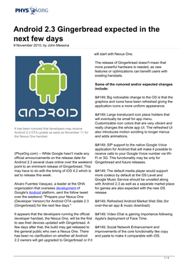 Android 2.3 Gingerbread Expected in the Next Few Days 9 November 2010, by John Messina