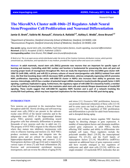 The Microrna Cluster Mir-106B~25 Regulates Adult Neural Stem/Progenitor Cell Proliferation and Neuronal Differentiation