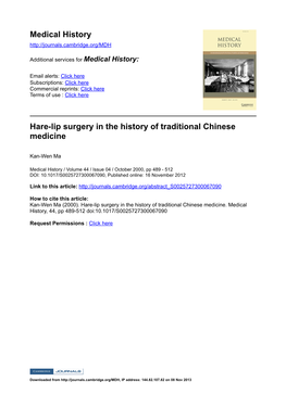 Medical History Hare-Lip Surgery in the History Of