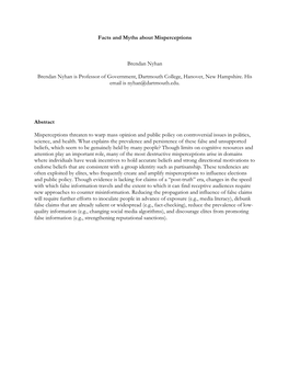 Facts and Myths About Misperceptions Brendan Nyhan Brendan Nyhan Is Professor of Government, Dartmouth College, Hanover, New