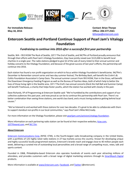 Entercom Seattle and Portland Continue Support of Pearl Jam's