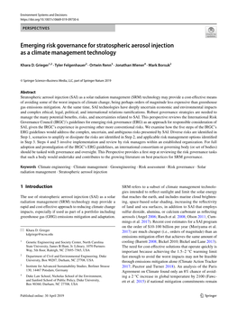 Emerging Risk Governance for Stratospheric Aerosol Injection As a Climate Management Technology