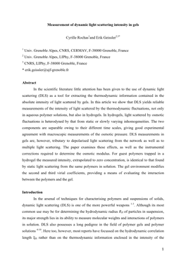 1 Measurement of Dynamic Light Scattering Intensity in Gels