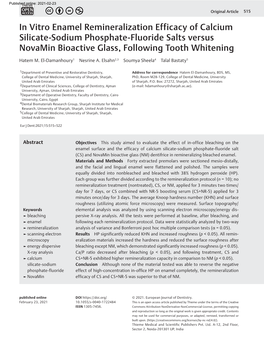 In Vitro Enamel Remineralization Efficacy of Calcium Silicate-Sodium Phosphate-Fluoride Salts Versus Novamin Bioactive Glass, Following Tooth Whitening