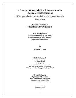 A Study of Women Medical Representative in Pharmaceutical Companies (With Special Reference to Their Working Conditions in Pune City)