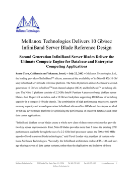 Mellanox Technologies Delivers 10 Gb/Sec Infiniband Server Blade Reference Design