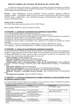 Proces Verbal Du Conseil Municipal Du 19 Juin 2020