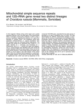 Mitochondrial Simple Sequence Repeats and 12S-Rrna Gene Reveal Two Distinct Lineages of Crocidura Russula (Mammalia, Soricidae)