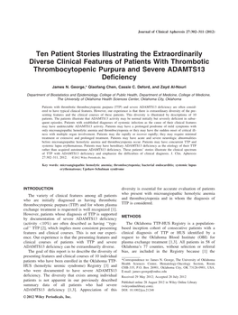 Ten Patient Stories Illustrating the Extraordinarily Diverse Clinical Features of Patients with Thrombotic Thrombocytopenic Purpura and Severe ADAMTS13 Deficiency