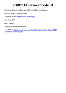 Population Size and Mobility of Cicindela Maritima Dejean, 1822 (Coleoptera: Carabidae) 1-6 ©Gesellschaft Für Angewandte Carabidologie E.V