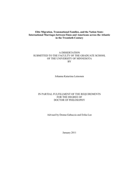 Elite Migration, Transnational Families, and the Nation State: International Marriages Between Finns and Americans Across the Atlantic in the Twentieth Century