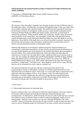 Global Dataset for the Parameterisation of Lakes in Numerical Weather Prediction and Climate Modelling E. Kourzeneva, CRNM/GAME