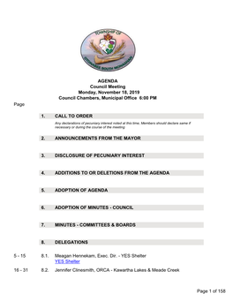 Council Meeting Monday, November 18, 2019 Council Chambers, Municipal Office 6:00 PM Page