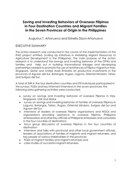 Saving and Investing Behaviors of Overseas Filipinos in Four Destination Countries and Migrant Families in the Seven Provinces of Origin in the Philippines