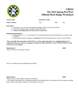 CHESS the 2012 Spring Powwow Official Merit Badge Worksheet