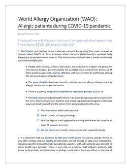 (WAO): Allergic Patients During COVID-19 Pandemic
