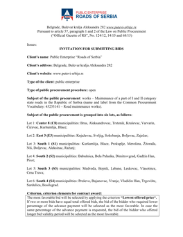 Belgrade, Bulevar Kralja Aleksandra 282 Pursuant to Article 57, Paragraph 1 and 2 of the Law on Public Procurement (“Official Gazette of RS”, No