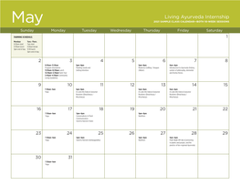 Living Ayurveda Internship Sample Class Calendar