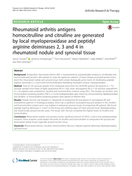 Rheumatoid Arthritis Antigens Homocitrulline and Citrulline Are