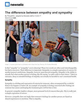 The Difference Between Empathy and Sympathy by Thoughtco., Adapted by Newsela Staff on 12.20.17 Word Count 829 Level 1010L