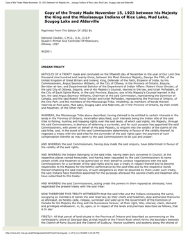 Copy of the Treaty Made November 15, 1923 Between His Majesty the ...Issauga Indians of Rice Lake, Mud Lake, Scugog Lake and Alderville