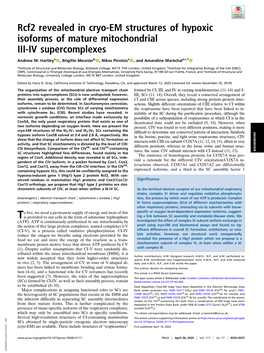 Rcf2 Revealed in Cryo-EM Structures of Hypoxic Isoforms of Mature Mitochondrial III-IV Supercomplexes