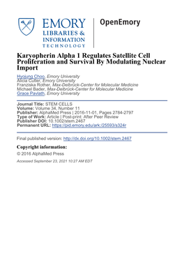 Karyopherin Alpha 1 Regulates Satellite Cell Proliferation And