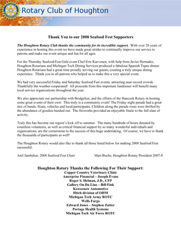 Thank You to Our 2008 Seafood Fest Supporters Houghton Rotary Thanks the Following for Their Support