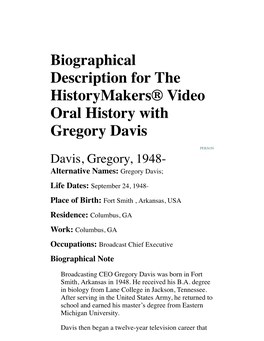 Biographical Description for the Historymakers® Video Oral History with Gregory Davis