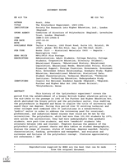 AUTHOR SPONS AGENCY AVAILABLE from EDRS PRICE ABSTRACT DOCUMENT RESUME Pratt, John the Polytechnic Experiment: 1965-1992. Societ