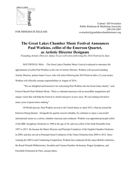 The Great Lakes Chamber Music Festival Announces Paul Watkins