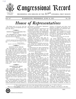 Congressional Record United States Th of America PROCEEDINGS and DEBATES of the 117 CONGRESS, FIRST SESSION